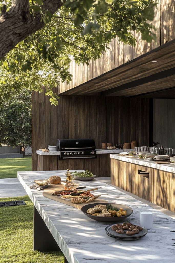 Outdoor grill station with wood-paneled cabinetry, marble prep island, built-in grill, and styled serving area in a modern backyard.