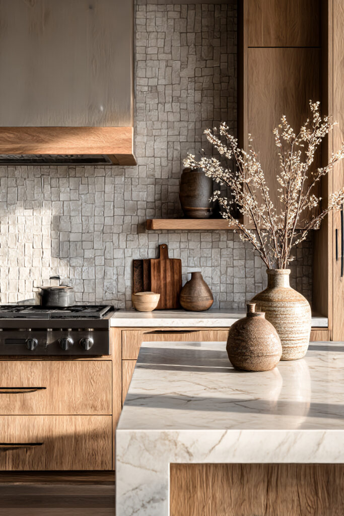 Kitchen with textured stone clay tile backsplash, warm wood cabinets, marble island, natural pottery decor, and cohesive earthy kitchen design.