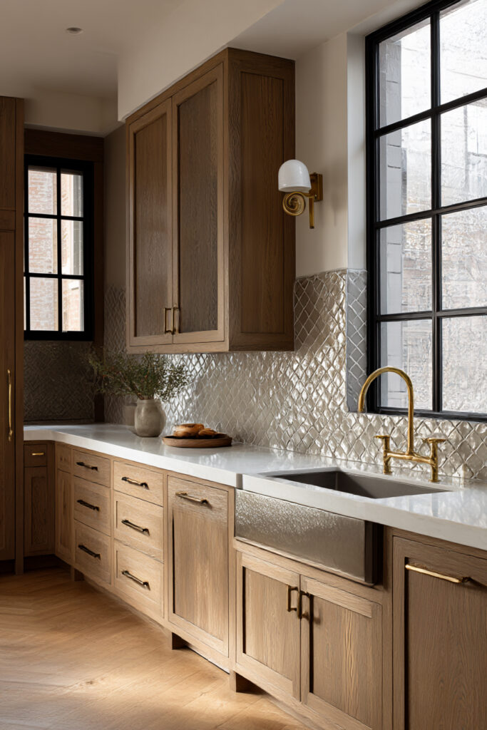 Kitchen backsplash with reflective textured tile, brass wall sconce lighting, farmhouse sink, and warm wood cabinetry.