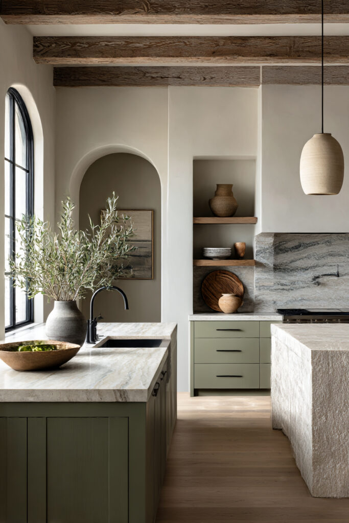 Kitchen with stone and clay tile backsplash, green cabinetry, natural wood beams, marble countertops, and earthy neutral styling.