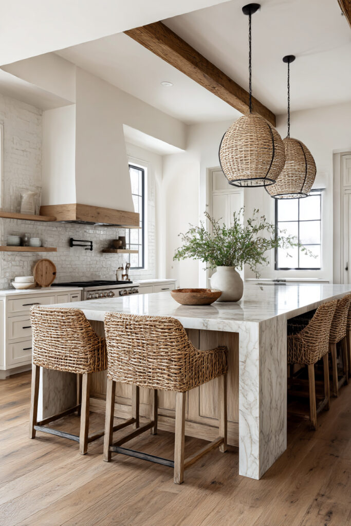 Kitchen with marble waterfall island, stone tile backsplash, woven pendant lights, and warm wood cabinetry in an earthy neutral design.