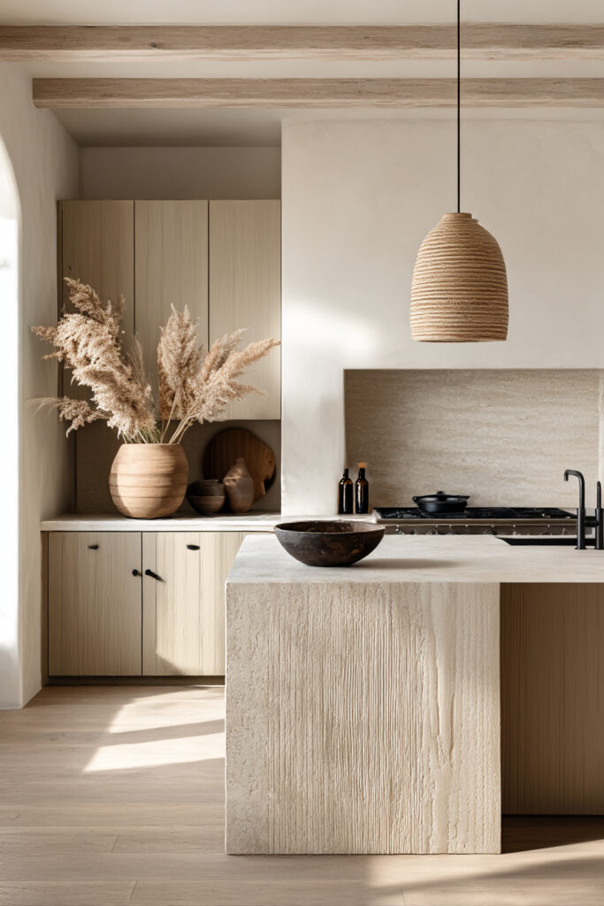 Stone and clay kitchen backsplash with light wood cabinets and textured island