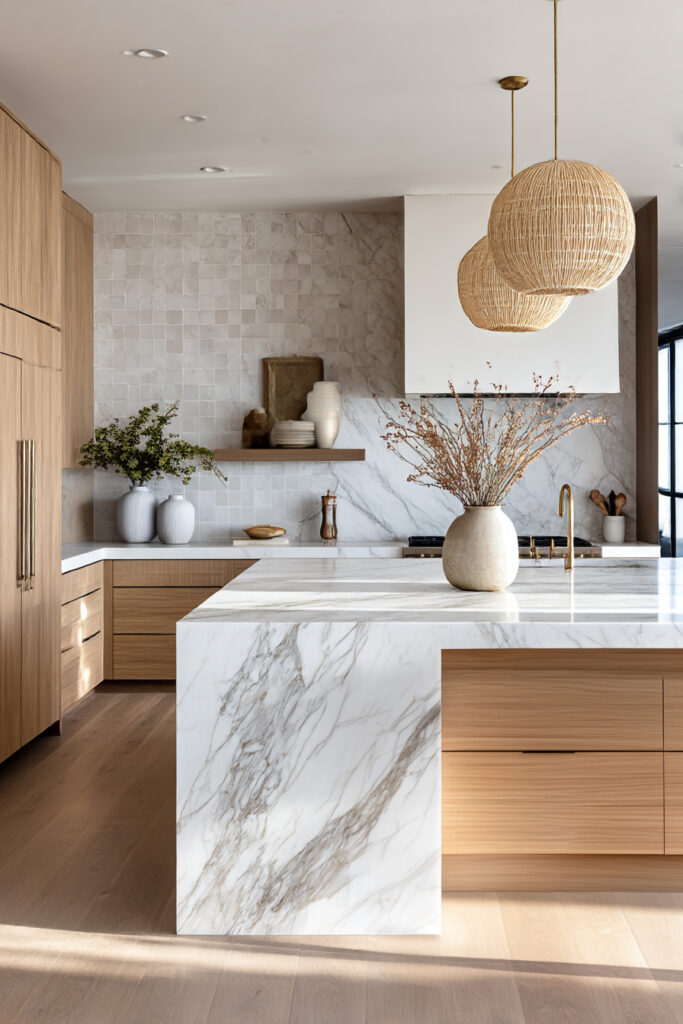 Kitchen with stone and clay tile backsplash, marble island, warm wood cabinetry, woven pendant lighting, and cohesive natural design.