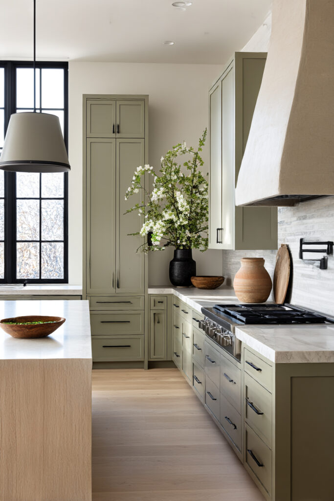 Earthy kitchen with sage green cabinets, stone countertops, and plaster range hood