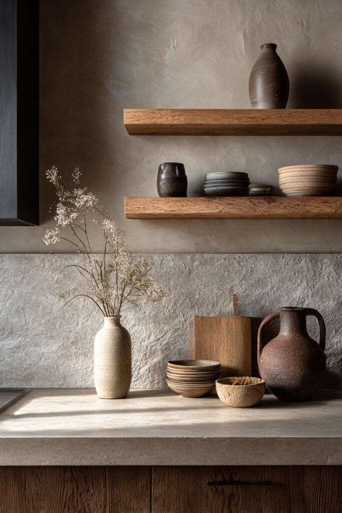 Earthy kitchen styling with wood floating shelves, ceramic pottery, stone backsplash, and neutral minimalist decor.