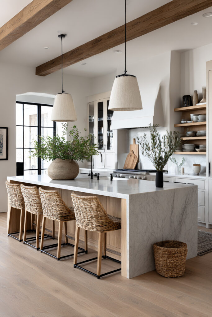 Kitchen with marble waterfall island, woven bar stools, wood ceiling beams, soft pendant lighting, and warm neutral finishes.