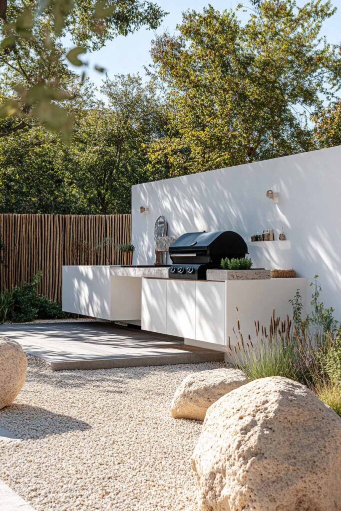 Minimalist outdoor grill station with white cabinetry, built-in grill, stone countertop, and gravel landscaping