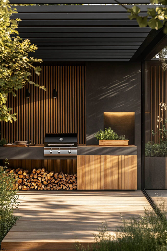 Modern outdoor grill station with vertical wood slat wall, built-in grill, firewood storage, and minimalist covered patio design.