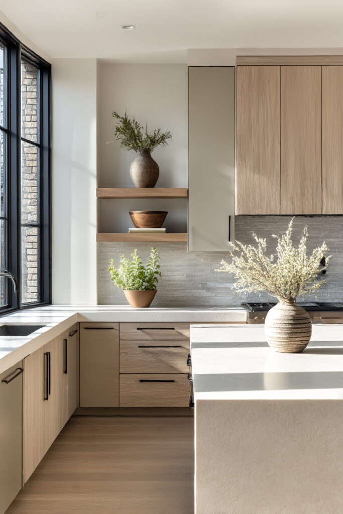 Modern kitchen with stone tile backsplash, light wood cabinetry, open shelving, marble countertops, and earthy neutral decor.