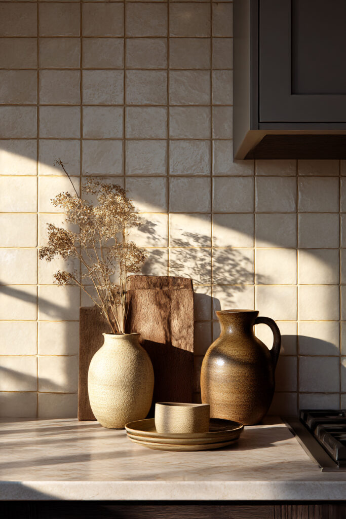 Earthy kitchen styling with square tile backsplash, ceramic pottery, wood cutting boards, and warm neutral decor.