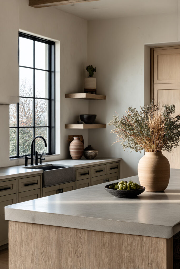 Earthy kitchen with warm wood cabinets, stone countertops, and minimalist open shelving