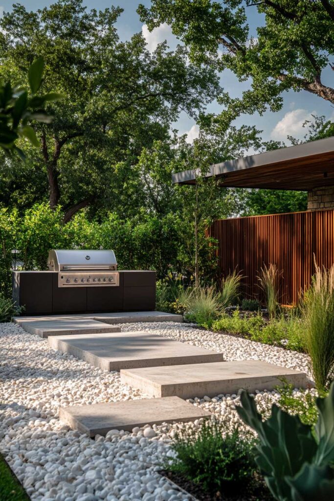 Minimalist outdoor grill station with concrete stepping stones, built-in grill, gravel landscaping, and modern garden design.