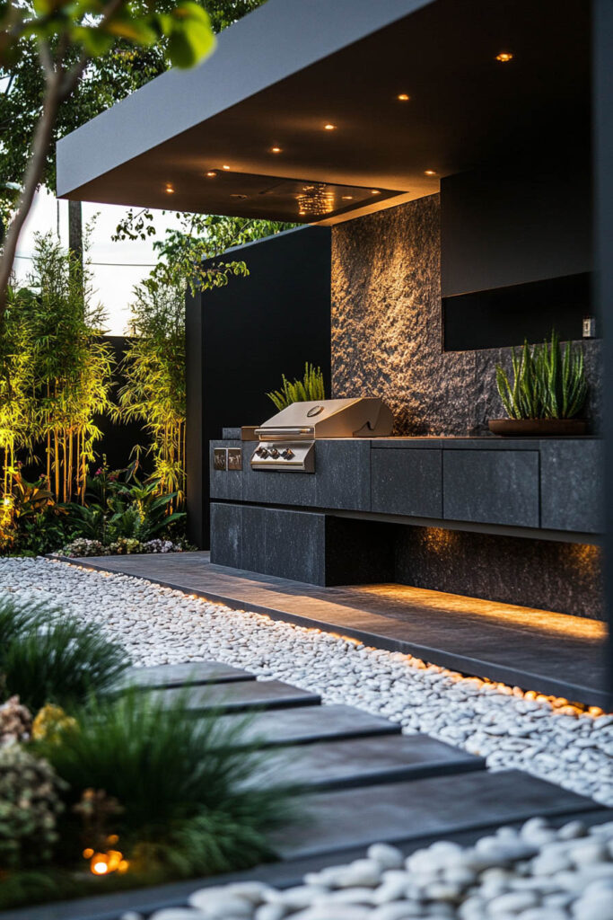 Modern outdoor grill station with dark stone cabinetry, built-in grill, recessed lighting, and gravel landscaping