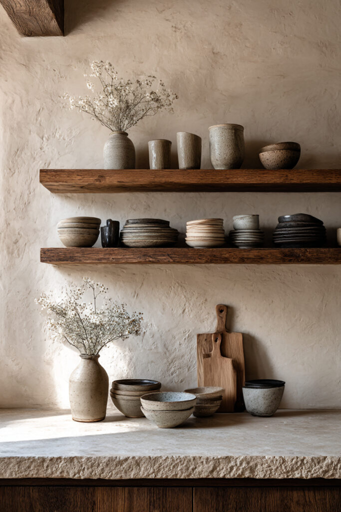 Open kitchen shelving styled with rustic pottery, stacked ceramic dishes, wood shelves, plaster walls, and neutral earthy decor.