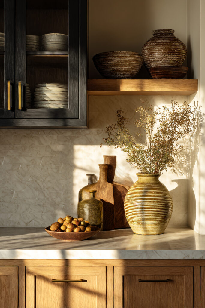 Kitchen countertop styling with stone tile backsplash, warm wood cabinets, ceramic vases, wood cutting boards, and earthy neutral decor.