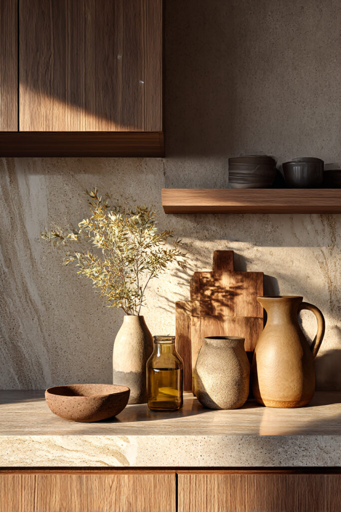 Natural stone kitchen backsplash styled with ceramic vases, wood cutting boards, olive branch decor, and warm neutral finishes.
