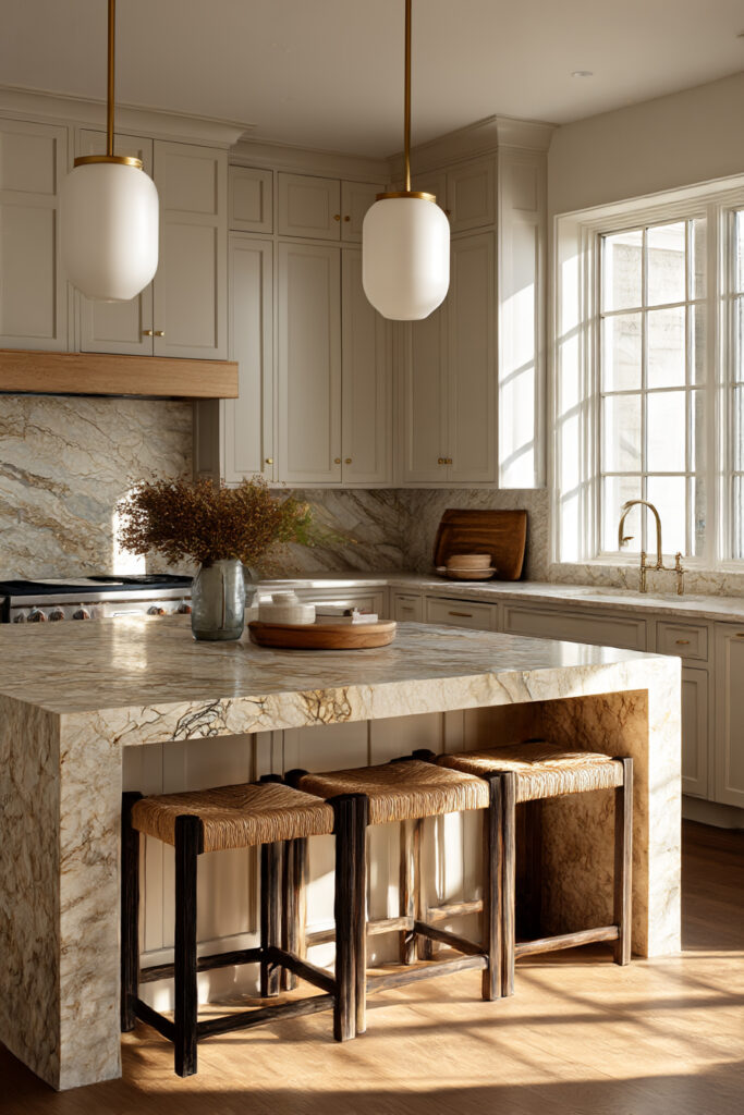 Neutral kitchen with marble waterfall island, cream cabinets, brass pendant lighting, woven bar stools, and warm natural textures.