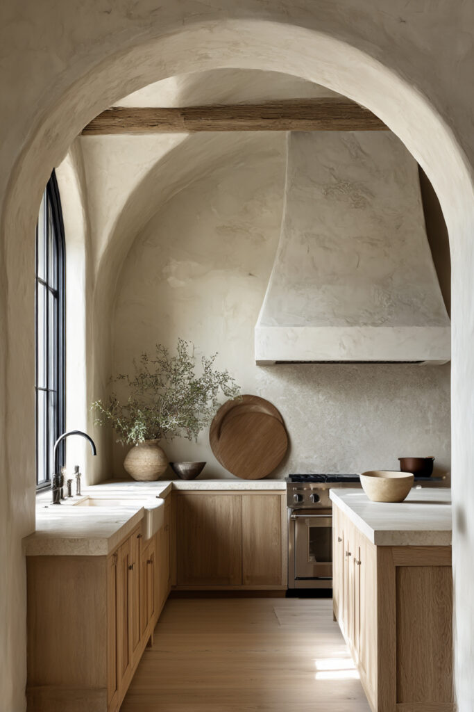 Arched kitchen with a light natural stone clay tile backsplash, warm wood cabinetry, plaster-style range hood, and soft neutral finishes inspired by European design.