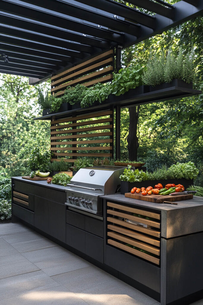 Modern outdoor grill station with black cabinets, wood slat accents, built-in herb planters, stainless steel grill, and pergola roof.