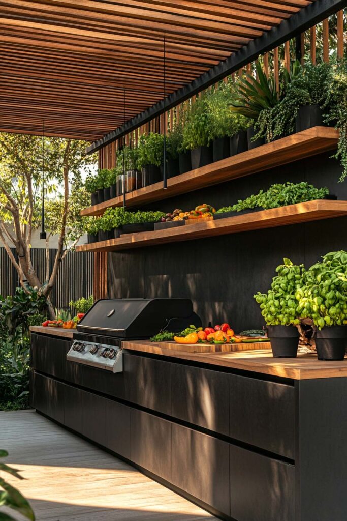 Modern outdoor grill station with black cabinetry, built-in grill, wood countertops, open shelves, and herb plants under a slatted wood pergola.