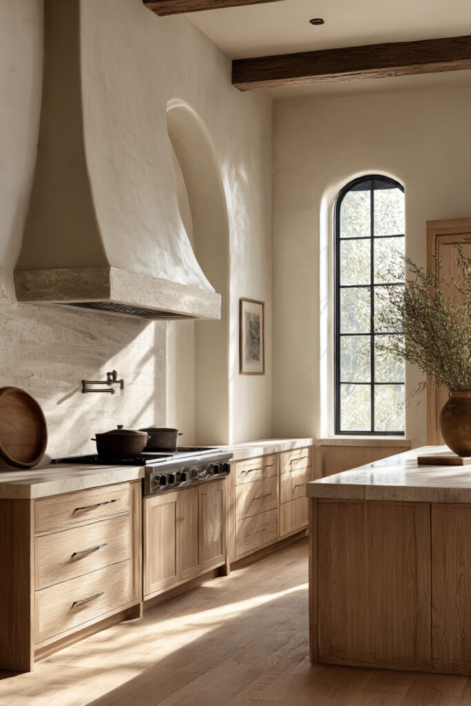 Natural stone kitchen backsplash with plaster range hood, warm wood cabinetry, exposed beams, and earthy neutral kitchen design
