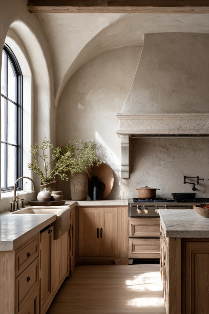 Kitchen with stone and clay tile backsplash, plaster range hood, light wood cabinets, natural stone counters, and arched window.