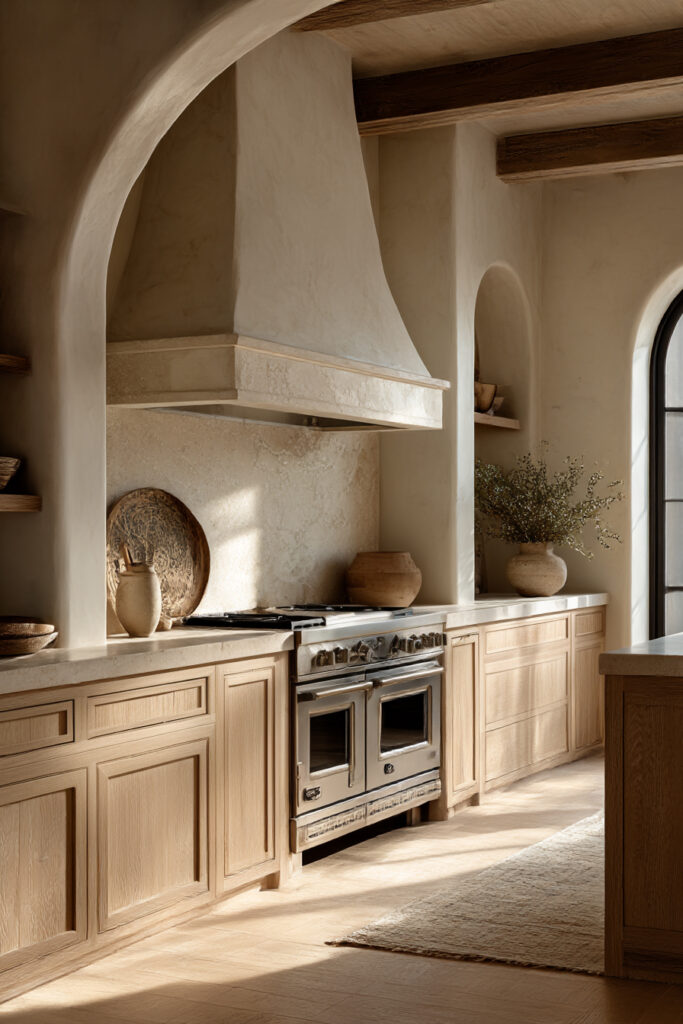 Kitchen with natural stone tile backsplash, plaster range hood, light wood cabinets, and arched details in a Mediterranean-inspired design.