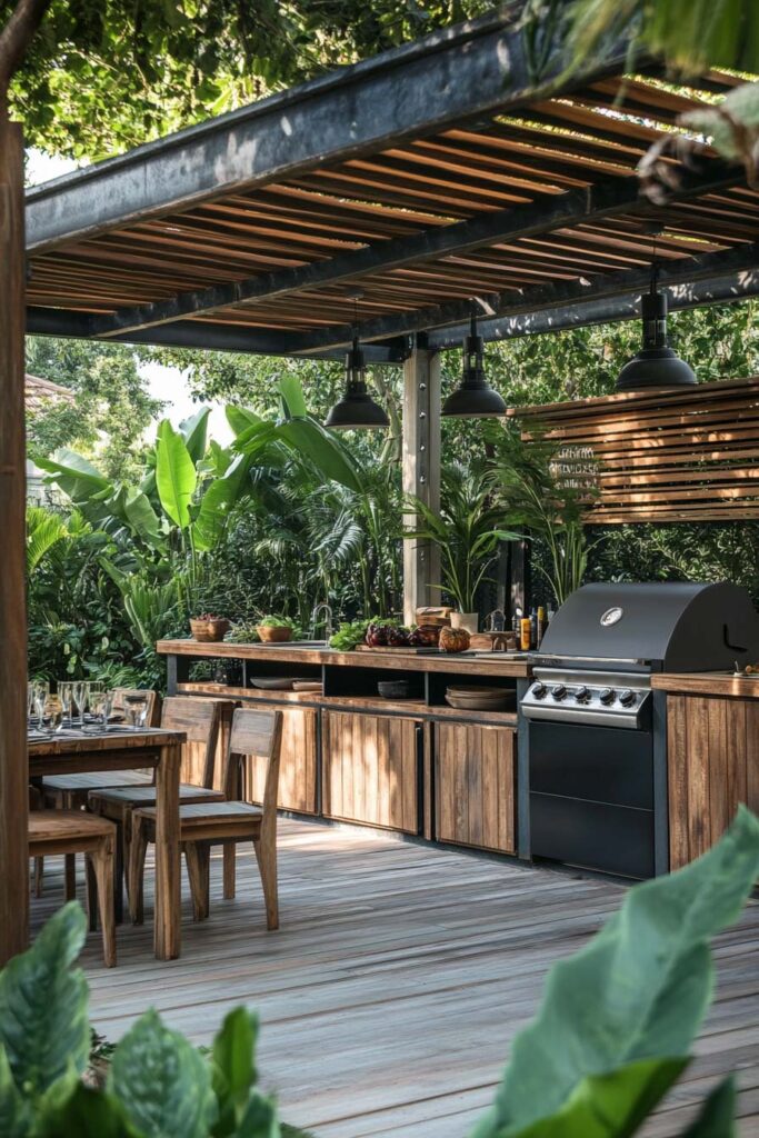 Tropical outdoor grill station with built-in gas grill, wood cabinetry, pergola roof, pendant lighting, and lush greenery