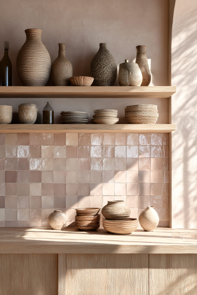 Clay tile kitchen backsplash with warm neutral tones, open wood shelves, handmade pottery, and earthy kitchen decor