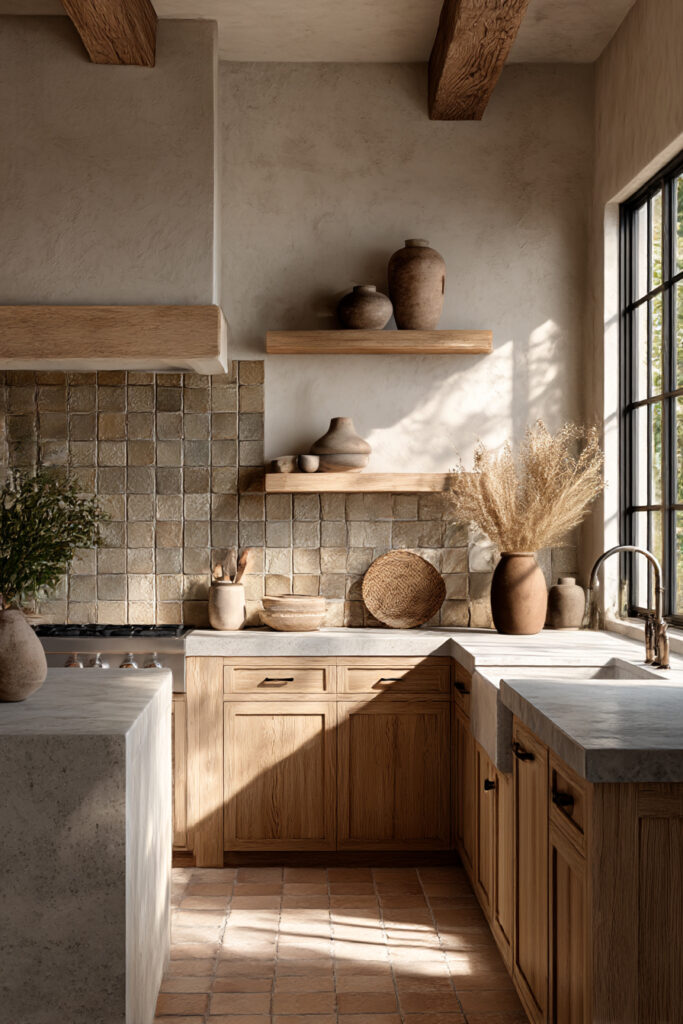 Kitchen with clay tile backsplash, light wood cabinets, open shelves, and warm terracotta tones in a natural, earthy design.