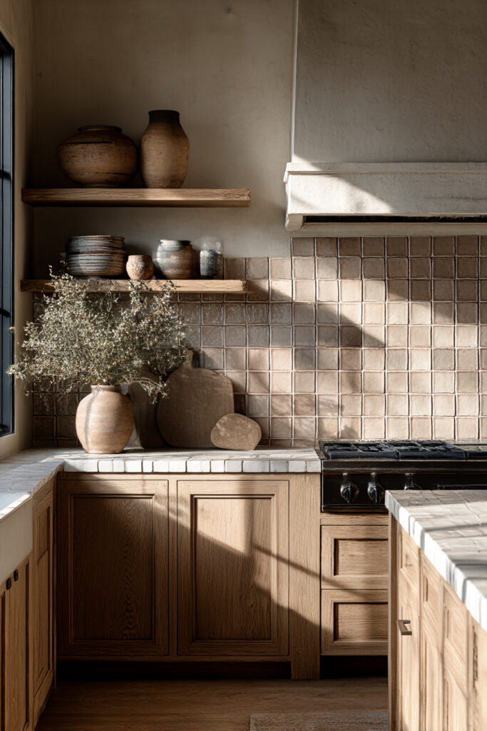 Kitchen with a clay tile backsplash in a warm neutral tone, natural wood cabinets, open shelves, and handcrafted ceramic accents for an earthy, organic look.