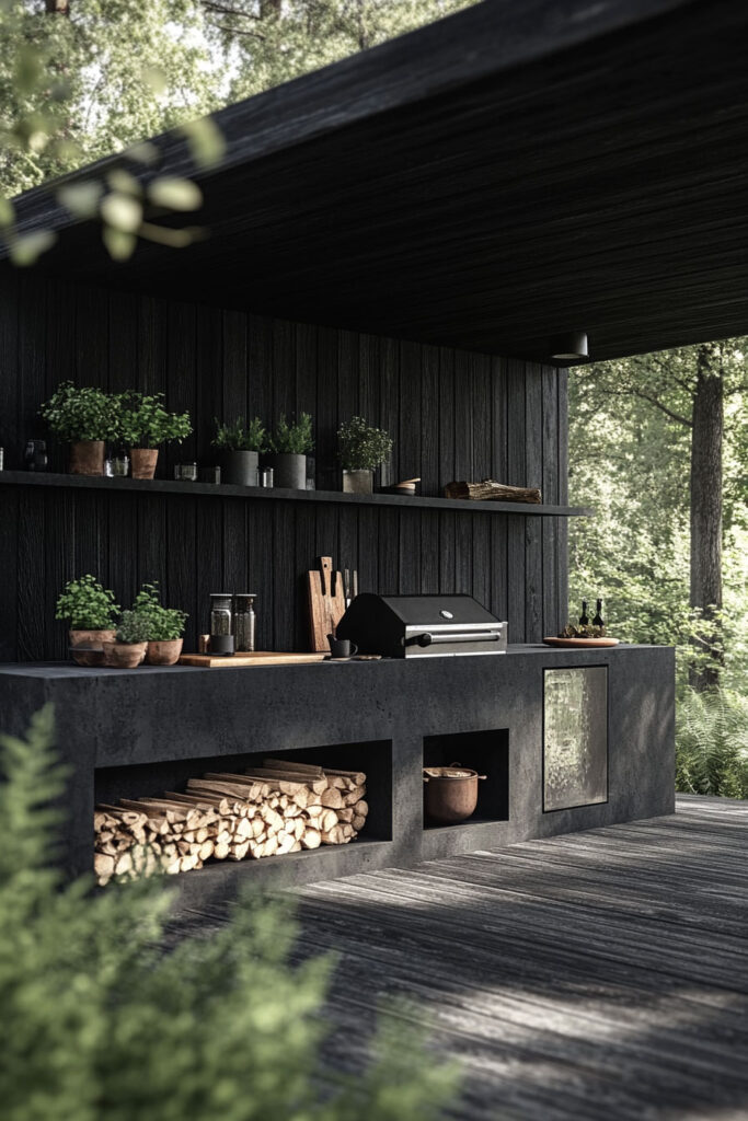 Minimalist outdoor grill station with concrete counter, dark wood walls, built-in grill, firewood storage, and open shelving in a forest setting.