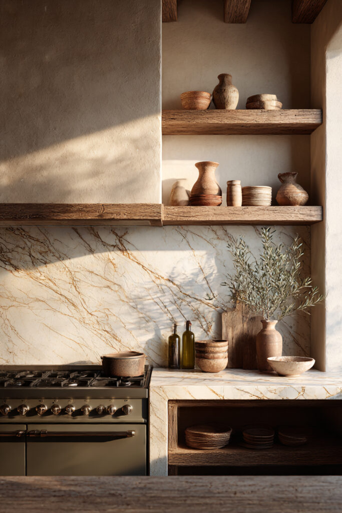 Kitchen with stone clay tile backsplash, warm veined stone, open wood shelves, rustic pottery, and natural, earthy styling.