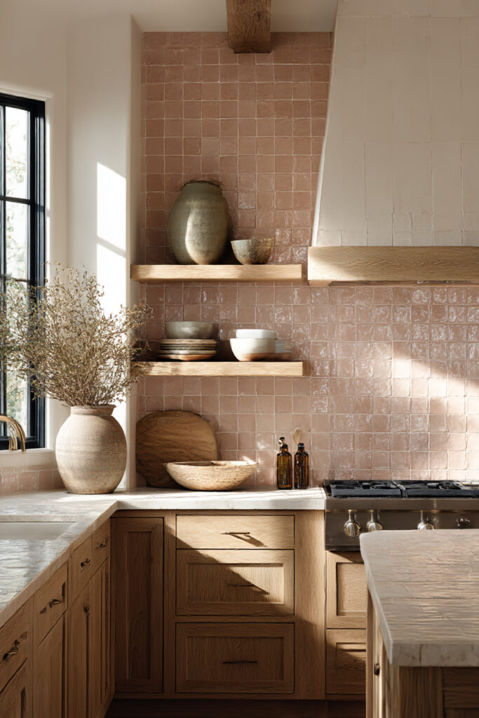 Kitchen with clay and terracotta tile backsplash, warm pink-toned tiles, light wood cabinets, open shelves, and natural stone countertops.
