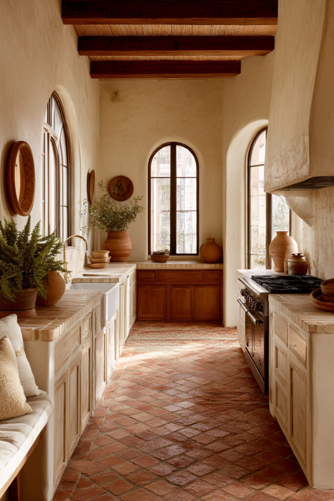 Kitchen with clay tile backsplash, plaster walls, terracotta floor tiles, wood cabinets, and arched windows in a Mediterranean-inspired design.