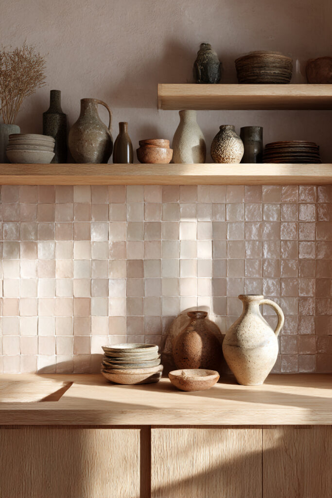 Clay tile kitchen backsplash with soft neutral tones, open wood shelves, handmade ceramic pottery, and warm earthy kitchen decor