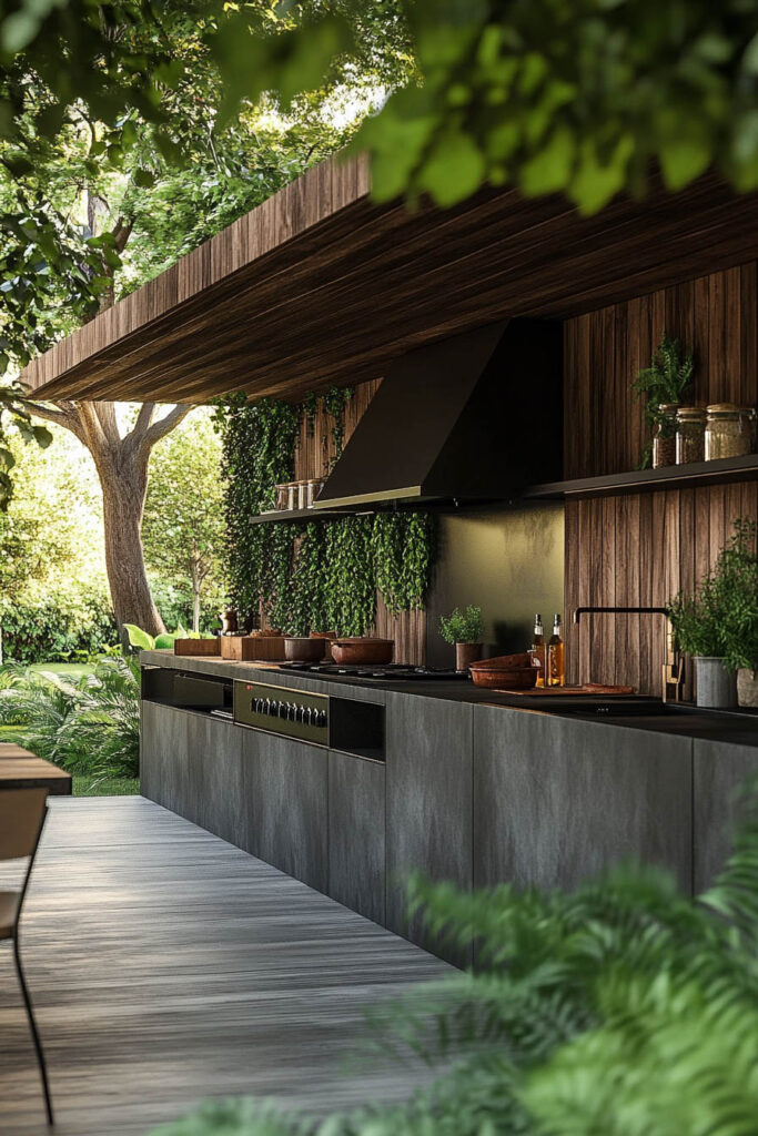Modern outdoor grill station with dark stone cabinets, wood paneling, built-in grill, and lush greenery