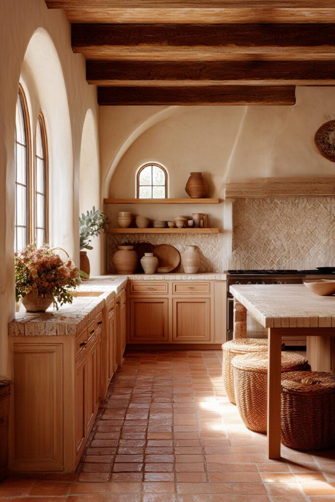 Mediterranean-style kitchen with a clay tile backsplash, terracotta flooring, warm wood cabinetry, plaster walls, and arched architectural details.