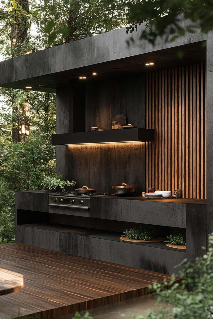 Modern outdoor grill station with dark concrete cabinetry, built-in grill, wood slat accent wall, and integrated lighting set in a wooded backyard.
