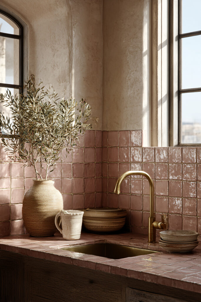 Kitchen sink with a blush clay tile backsplash, handmade square tiles, brass faucet, and warm neutral finishes in a sunlit, rustic kitchen.
