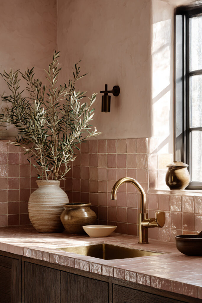 Clay tile kitchen backsplash with brass faucet, plaster walls, warm terracotta tones, and earthy neutral kitchen decor