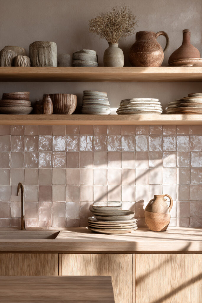 Kitchen with glossy clay terracotta tile backsplash, open wood shelves, handmade pottery, and warm neutral wood cabinetry.