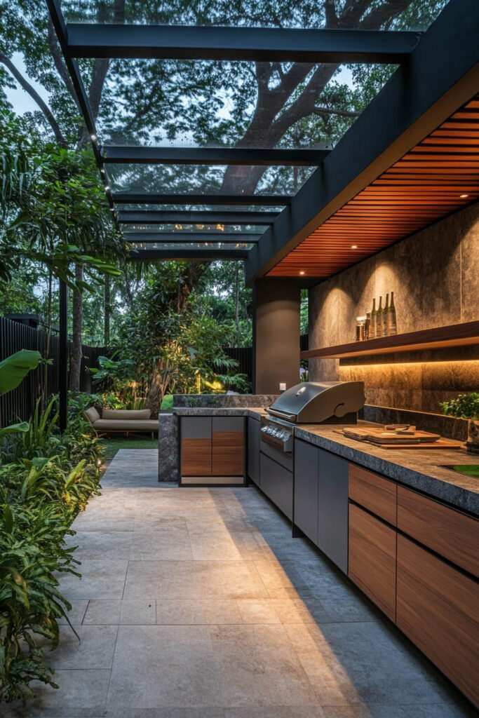 Luxury outdoor grill station with built-in grill, stone countertops, dark cabinetry, wood accents, and glass pergola surrounded by tropical plants.