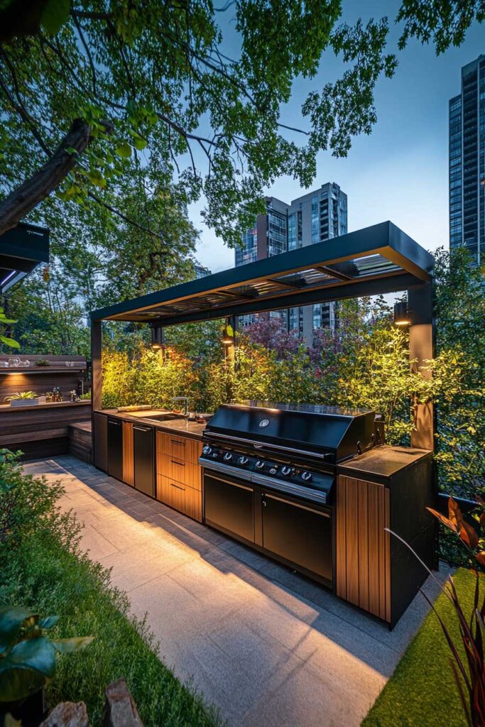 Modern outdoor grill station with built-in gas grill, wood and black cabinetry, pergola structure, and evening lighting