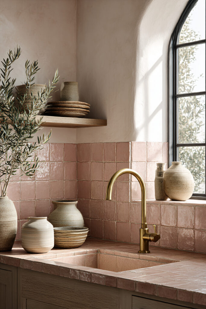 Kitchen with pink clay tile backsplash, matching clay sink, brass faucet, wood cabinets, and arched window in a warm, earthy design.
