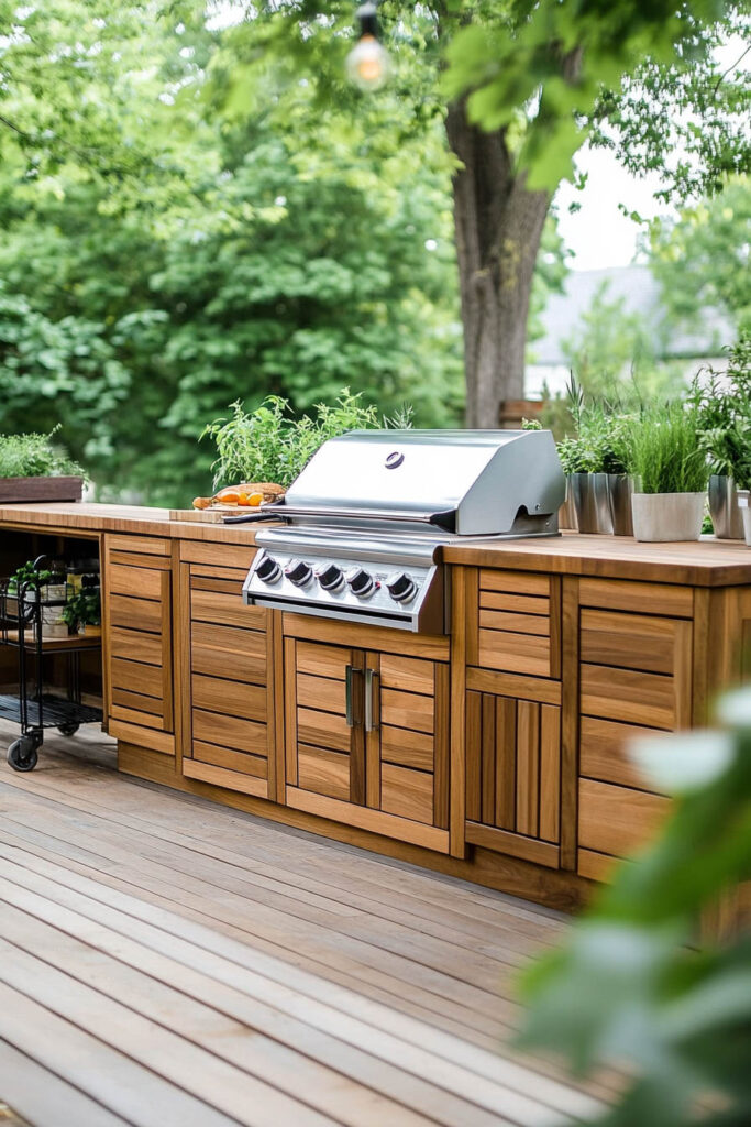 Outdoor grill station with wood cabinets, built-in stainless steel gas grill, butcher-style countertop, and greenery in a backyard setting.