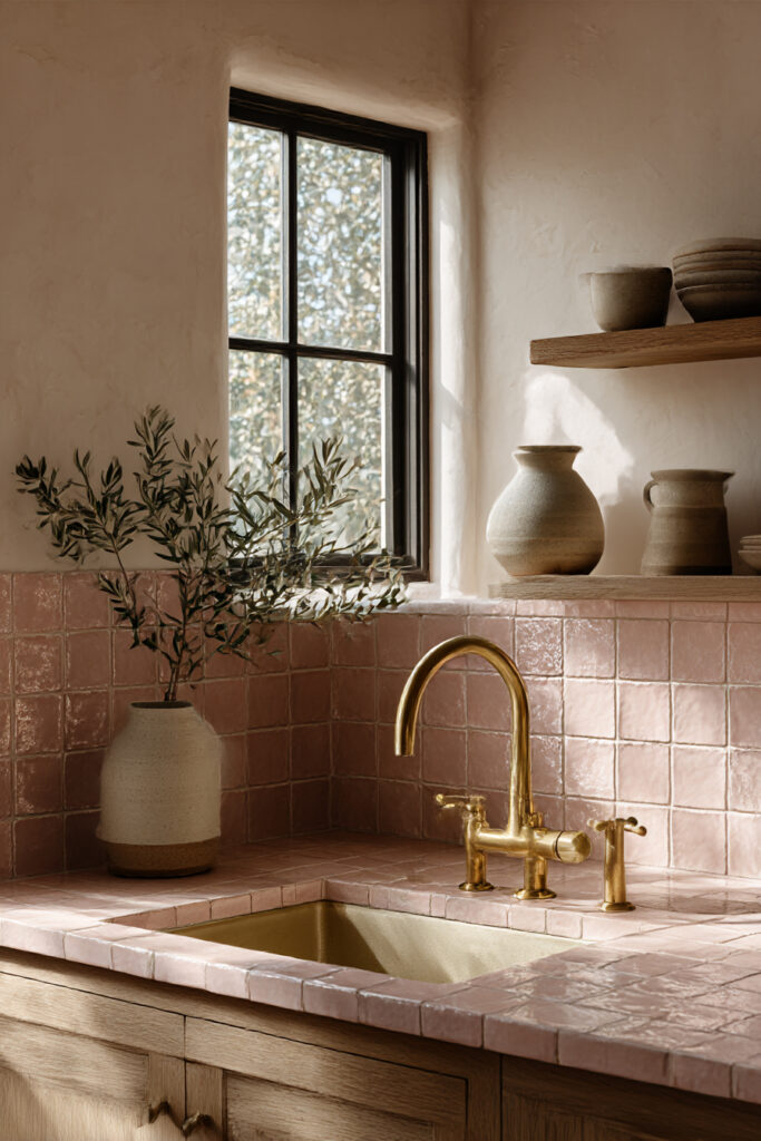 Kitchen sink with clay terracotta tile backsplash and countertop, brass faucet, light wood cabinets, and handmade ceramic decor.