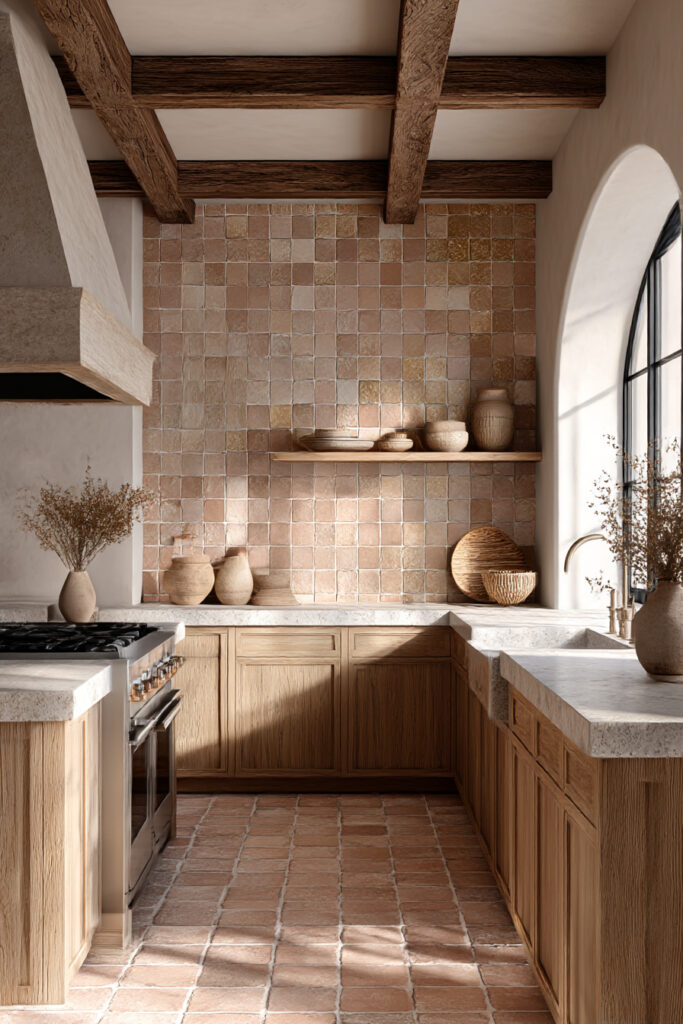 Clay tile kitchen backsplash with terracotta tones, warm wood cabinetry, exposed beams, and rustic Mediterranean kitchen design