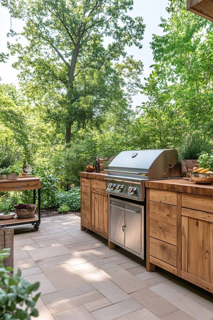 Outdoor grill station with natural wood cabinets, built-in stainless steel grill, stone paver patio, and garden greenery.