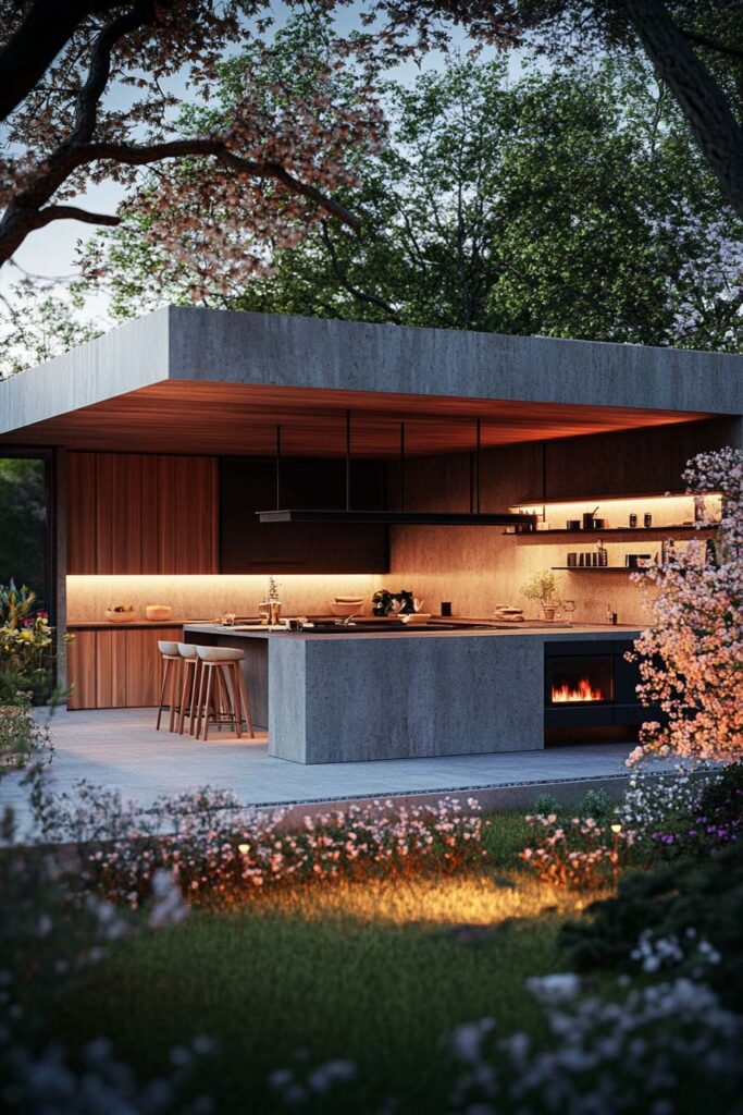 Modern outdoor grill station with concrete island, wood cabinetry, bar seating, built-in fireplace, and integrated lighting in a landscaped backyard.